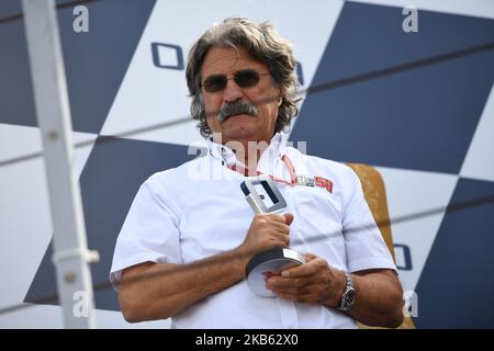 L'équipe italienne des mangeurs Paolo Simoncelli de SIC58 Squadra Corse sur le podium de l'Octo Saint-Marin et Riviera di Rimini GP, 13th étape du Championnat du monde MotoGP à Misano circuit mondial Marco Simoncelli, Riviera di Rimini, Italie, sur 15 septembre 2019. (Photo par Andrea Diodato/NurPhoto) Banque D'Images