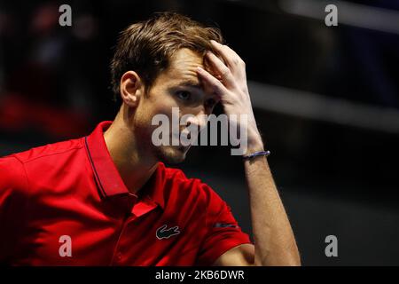 Daniil Medvedev de Russie lors de son ATP Saint-Pétersbourg Open 2019 quart de finale contre Andrey Rublev de Russie sur 21 septembre 2019 à Saint-Pétersbourg, Russie. (Photo de Mike Kireev/NurPhoto) Banque D'Images