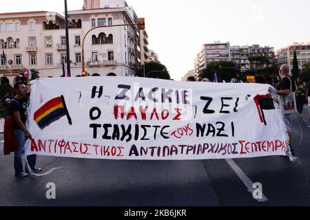 Manifestation à l'occasion d'un an après la mort de Zak Kostopoulos. Zak a battu jusqu'à la mort près de la place Omonoia à Athènes, Thessalonique, Grèce sur 21 septembre.2019. (Photo par Achilleas Chiras/NurPhoto) Banque D'Images