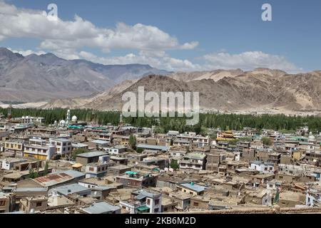 Vue sur une section de la ville de Leh située dans la vallée de l'Indus à Ladakh, Jammu et Cachemire, Inde, sur 07 juillet 2014. Leh est à une altitude de 3 524 mètres (11 562 pieds), et a été une étape importante sur les routes commerciales le long de la vallée de l'Indus entre l'Inde et la Chine pendant des siècles. (Photo de Creative Touch Imaging Ltd./NurPhoto) Banque D'Images