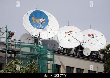 Le logo TVN est visible au siège des radiodiffuseurs à Varsovie, en Pologne, sur 18 septembre 2019. La chaîne de télévision TVN, détenue par les réseaux American Discovery, est l'un des rares réseaux indépendants laissés en Pologne après que le gouvernement de plus en plus autoritaire ait resserré son emprise sur les médias dans le pays. (Photo de Jaap Arriens/NurPhoto) Banque D'Images