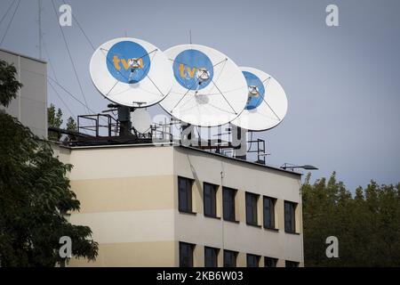 Le logo TVN est visible au siège des radiodiffuseurs à Varsovie, en Pologne, sur 18 septembre 2019. La chaîne de télévision TVN, détenue par les réseaux American Discovery, est l'un des rares réseaux indépendants laissés en Pologne après que le gouvernement de plus en plus autoritaire ait resserré son emprise sur les médias dans le pays. (Photo de Jaap Arriens/NurPhoto) Banque D'Images