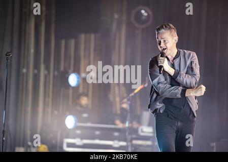 Tom Chaplin, chanteur principal du groupe Keane se produit à l'Apollo de Manchester, au Royaume-Uni, dans le cadre de leur tournée britannique « cause et effet », 26 septembre 2019. (Photo de Gary Mather/NurPhoto) Banque D'Images