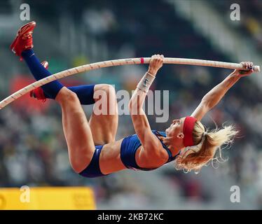 Sandi Morris des États-Unis en compétition de mât pour les femmes lors des Championnats du monde d'athlétisme de l'IAAF 17th au stade Khalifa à Doha, au Qatar, sur 27 septembre 2019. (Photo par Ulrik Pedersen/NurPhoto) Banque D'Images