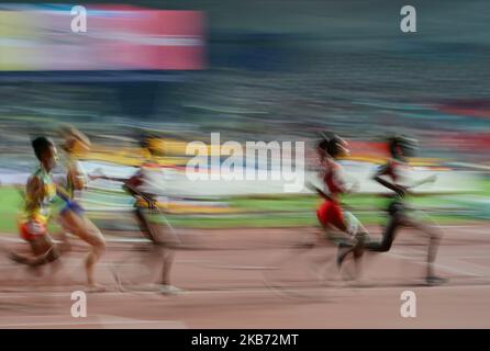 Winfred Mutile Yaviof Bahrain Hyvin Kiyeng, du Kenya, en compétition dans la course au clocher de 3000 mètres pour les femmes lors des Championnats du monde d'athlétisme de l'IAAF 17th au stade Khalifa de Doha, au Qatar, sur 27 septembre 2019. (Photo par Ulrik Pedersen/NurPhoto) Banque D'Images