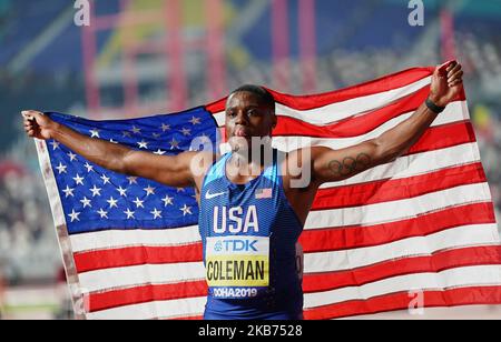 Christian Coleman des États-Unis après avoir remporté les Championnats du monde d'athlétisme de l'IAAF 17th au stade Khalifa de Doha, au Qatar, sur 28 septembre 2019. (Photo par Ulrik Pedersen/NurPhoto) Banque D'Images