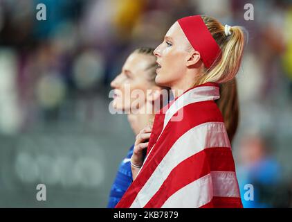 Sandi Morris des États-Unis en compétition de mât pour les femmes lors des Championnats du monde d'athlétisme de l'IAAF 17th au stade Khalifa à Doha, au Qatar, sur 29 septembre 2019. (Photo par Ulrik Pedersen/NurPhoto) Banque D'Images