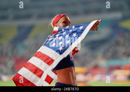 Sandi Morris des États-Unis en compétition de mât pour les femmes lors des Championnats du monde d'athlétisme de l'IAAF 17th au stade Khalifa à Doha, au Qatar, sur 29 septembre 2019. (Photo par Ulrik Pedersen/NurPhoto) Banque D'Images