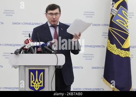 Une photo de dossier datée du 07 mars 2019 montre que le Procureur général ukrainien Yuriy Lutsenko parle lors d'une conférence de presse à Kiev, en Ukraine. (Photo par STR/NurPhoto) Banque D'Images