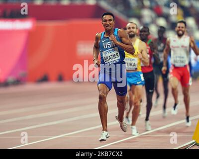 Donavan Brazier des États-Unis remportant la finale de 800 mètres pour les hommes lors des Championnats du monde d'athlétisme de l'IAAF 17th au stade Khalifa de Doha, au Qatar, sur 1 octobre 2019. (Photo par Ulrik Pedersen/NurPhoto) Banque D'Images