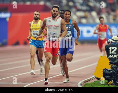 Donavan Brazier des États-Unis remportant la finale de 800 mètres pour les hommes lors des Championnats du monde d'athlétisme de l'IAAF 17th au stade Khalifa de Doha, au Qatar, sur 1 octobre 2019. (Photo par Ulrik Pedersen/NurPhoto) Banque D'Images