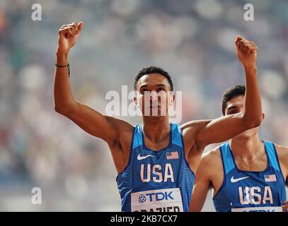 Donavan Brazier des États-Unis remportant la finale de 800 mètres pour les hommes lors des Championnats du monde d'athlétisme de l'IAAF 17th au stade Khalifa de Doha, au Qatar, sur 1 octobre 2019. (Photo par Ulrik Pedersen/NurPhoto) Banque D'Images
