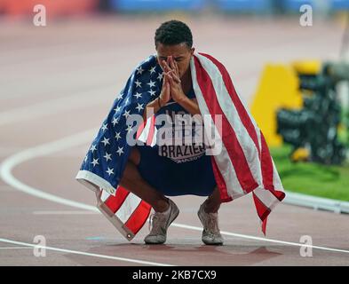 Donavan Brazier des États-Unis remportant la finale de 800 mètres pour les hommes lors des Championnats du monde d'athlétisme de l'IAAF 17th au stade Khalifa de Doha, au Qatar, sur 1 octobre 2019. (Photo par Ulrik Pedersen/NurPhoto) Banque D'Images