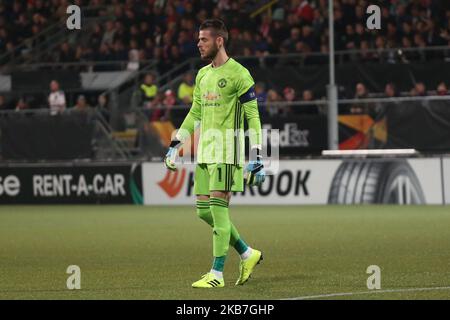 David de Gea (Manchester United) regarde pendant le match de l'UEFA Europa League Group L 2019/20 entre AZ Alkmaar (pays-Bas) et Manchester United (Angleterre) au stade Kyocera, à la Haye, pays-Bas, sur 3 octobre 2019. (Photo de Federico Guerra Moran/NurPhoto) Banque D'Images