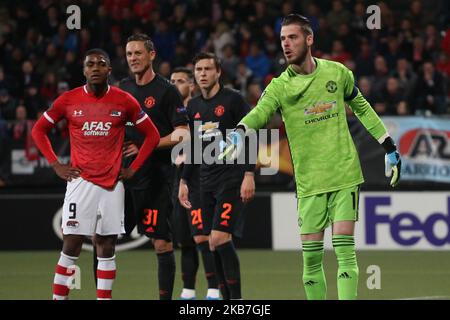 David de Gea (Manchester United) gestes lors du match de l'UEFA Europa League Group L 2019/20 entre AZ Alkmaar (pays-Bas) et Manchester United (Angleterre) au stade Kyocera, à la Haye (pays-Bas), sur 3 octobre 2019. (Photo de Federico Guerra Moran/NurPhoto) Banque D'Images