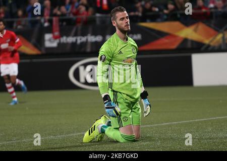 David de Gea (Manchester United) gestes lors du match de l'UEFA Europa League Group L 2019/20 entre AZ Alkmaar (pays-Bas) et Manchester United (Angleterre) au stade Kyocera, à la Haye (pays-Bas), sur 3 octobre 2019. (Photo de Federico Guerra Moran/NurPhoto) Banque D'Images