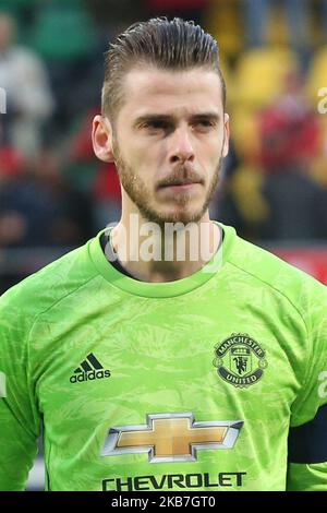 David de Gea (Manchester United) regarde pendant le match de l'UEFA Europa League Group L 2019/20 entre AZ Alkmaar (pays-Bas) et Manchester United (Angleterre) au stade Kyocera, à la Haye, pays-Bas, sur 3 octobre 2019. (Photo de Federico Guerra Moran/NurPhoto) Banque D'Images