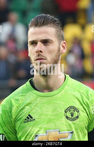 David de Gea (Manchester United) regarde pendant le match de l'UEFA Europa League Group L 2019/20 entre AZ Alkmaar (pays-Bas) et Manchester United (Angleterre) au stade Kyocera, à la Haye, pays-Bas, sur 3 octobre 2019. (Photo de Federico Guerra Moran/NurPhoto) Banque D'Images