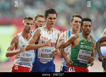 Jakob Ingebrigtsen, de Norvège, qui s'affronte au mètre 1500 pour les hommes lors des Championnats du monde d'athlétisme de l'IAAF 17th au stade Khalifa de Doha, au Qatar, sur 4 octobre 2019. (Photo par Ulrik Pedersen/NurPhoto) Banque D'Images