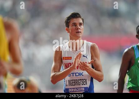 Jakob Ingebrigtsen, de Norvège, qui s'affronte au mètre 1500 pour les hommes lors des Championnats du monde d'athlétisme de l'IAAF 17th au stade Khalifa de Doha, au Qatar, sur 4 octobre 2019. (Photo par Ulrik Pedersen/NurPhoto) Banque D'Images