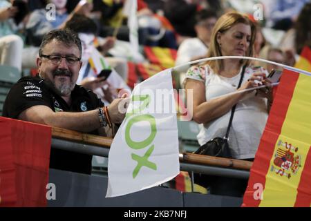 Les partisans de Vox dans le pavillon du Palacio de Vistalegre assisteront à un événement de pré-campagne du parti espagnol d'extrême-droite Vox, dans le quartier de classe ouvrière de Carabanchel, à Madrid, Espagne, 06 octobre 2019. Les élections générales espagnoles auront lieu le 10 novembre prochain. (Photo par Oscar Gonzalez/NurPhoto) Banque D'Images