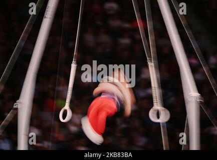 Samuel Mikulak des Etats-Unis d'Amérique pendant les anneaux pour hommes aux Championnats du monde de gymnastique ARTISTIQUE Fig 49th à Hanns Martin Schleyer Halle à Stuttgart, Allemagne sur 11 octobre 2019. (Photo par Ulrik Pedersen/NurPhoto) Banque D'Images