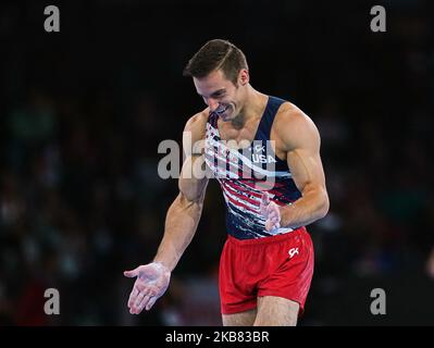 Samuel Mikulak des Etats-Unis d'Amérique pendant l'exercice de sol pour hommes aux Championnats du monde de gymnastique ARTISTIQUE Fig 49th à Hanns Martin Schleyer Halle à Stuttgart, Allemagne sur 11 octobre 2019. (Photo par Ulrik Pedersen/NurPhoto) Banque D'Images