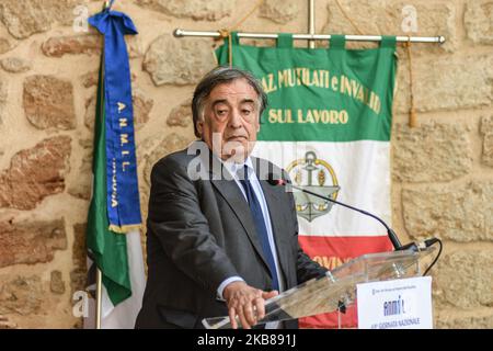 Le maire de Palerme Leoluca Orlando parle pendant la Journée nationale DE L'ANMIL 69th, pour les victimes d'accidents du travail, a été célébré dans le complexe de Santa Maria dello Spasimo à Palerme, Italie, le 13 octobre 2019. (Photo de Francesco Militello Mirto/NurPhoto) Banque D'Images