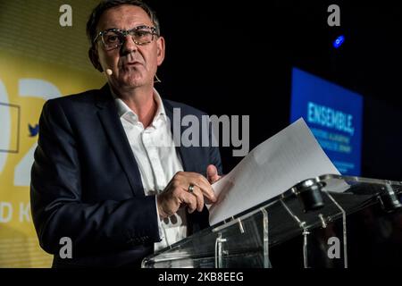 Président de Lyon Metropol et candidat aux prochaines élections municipales et métropolitaines à Lyon David Kimelfeld prononce un discours lors d'une réunion tenue le 16 octobre 2019 à Lyon. (Photo de Nicolas Liponne/NurPhoto) Banque D'Images