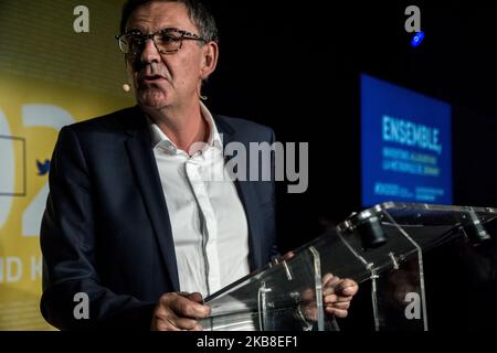 Président de Lyon Metropol et candidat aux prochaines élections municipales et métropolitaines à Lyon David Kimelfeld prononce un discours lors d'une réunion tenue le 16 octobre 2019 à Lyon. (Photo de Nicolas Liponne/NurPhoto) Banque D'Images