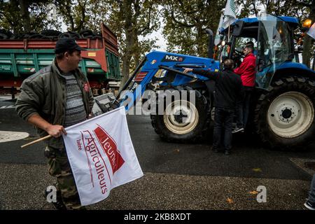 Les agriculteurs participent à une manifestation sur 22 octobre 2019 devant la préfecture de Lyon, dans le centre-est de la France, lors d'une manifestation organisée par les jeunes agriculteurs (JA) et la Fédération des syndicats d'agriculteurs (FNSEA) contre les accords commerciaux internationaux, la concurrence déloyale et l'agribashing. (Photo de Nicolas Liponne/NurPhoto) Banque D'Images