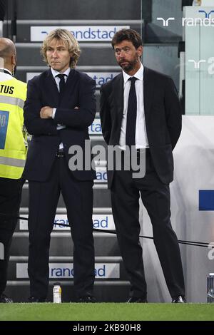 Andrea Agnelli, présidente de Juventus, et Pavel Nedved, vice-président de Juventus, lors du match de football n°2 JUVENTUS - NAPLES sur 31 août 2019 au stade Allianz de Turin, Piémont, Italie. Résultat final: Juventus-Napoli 4-3. (Photo de Matteo Bottanelli/NurPhoto) Banque D'Images