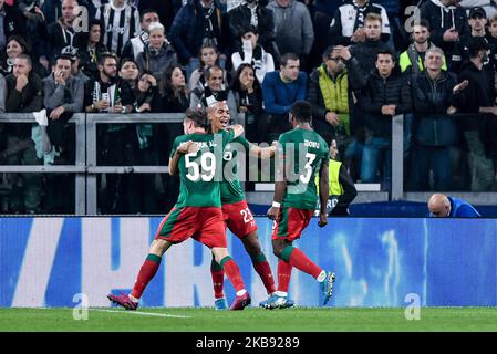 Aleksey Miranchuk, de Lokomotiv Moscou, fête son premier but lors du match de groupe de la Ligue des champions de l'UEFA entre Juventus et Lokomotiv Moscou au stade Juventus, Turin, Italie, le 22 octobre 2019. (Photo de Giuseppe Maffia/NurPhoto) Banque D'Images