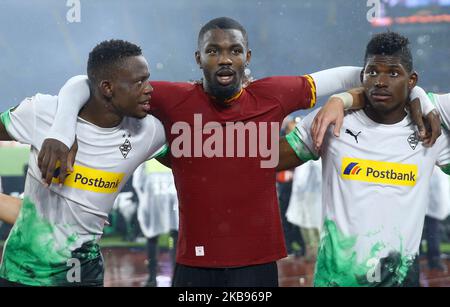 Denis Zakaria, Marcus Thuram et Breel Embolo de Monchengladbach lors du match de l'UEFA Europa League Group Stage AS Roma / Borussia Monchengladbach au stade Olimpico de Rome, Italie sur 24 octobre 2019 (photo de Matteo Ciambelli/NurPhoto) Banque D'Images