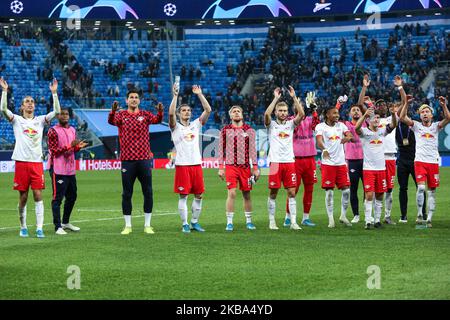 Les joueurs du RB Leipzig célèbrent le match G de la Ligue des champions de l'UEFA entre le FC Zenit Saint-Pétersbourg et le RB Leipzig au stade Saint-Pétersbourg de 05 novembre 2019, à Saint-Pétersbourg, en Russie. (Photo par Igor Russak/NurPhoto) Banque D'Images