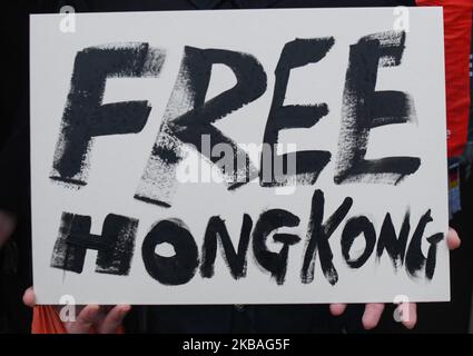 Un activiste porte le signe « Free Hong Kong » lors d'une manifestation en faveur de manifestations pro-démocratiques à Hong Kong, à un endroit où le mur de Berlin s'est tenu à Bernauer Strasse à l'occasion du 30th anniversaire de la chute du mur de Berlin . Samedi, 9 novembre 2019, à Berlin, en Allemagne. (Photo par Artur Widak/NurPhoto) Banque D'Images