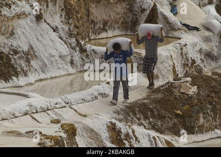 Les travailleurs portent des sacs de sel recueillis des étangs d'évaporation de sel situés dans la ville de Maras près de Cusco Pérou dans la vallée sacrée des Incas sur 14 juillet 2014. Les sacs pèsent chacun 50 kilos. Ces étangs sont utilisés depuis l'époque de l'Inca. Le sel est obtenu en évaporant l'eau salée d'un cours d'eau souterraine. Le flux est dirigé par un système de minuscules canaux construits de sorte que l'eau coule graduellement sur plusieurs centaines d'anciens étangs en terrasse. Lorsque l'eau s'évapore dans l'air andin aride, le sel précipite sous forme de cristaux blancs sur les murs et le sol des étangs. Photo de Tom O’Neill Banque D'Images