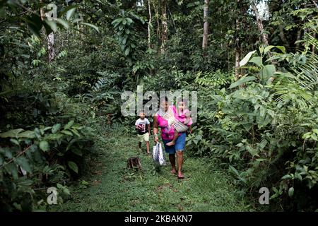 Maripasoula, France, 30 juin 2019. Yakapin et ses enfants marchent dans la forêt amazonienne pour aller à la messe du dimanche (photo d'Emeric Fohlen/NurumPhoto) Banque D'Images