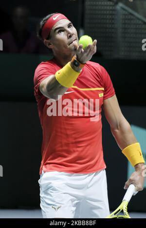 Rafael Nadal d'Espagne pendant le jour 2 de la coupe Davis 2019 à la Caja Magica sur 19 novembre 2019 à Madrid, Espagne. (Photo par Oscar Gonzalez/NurPhoto) Banque D'Images