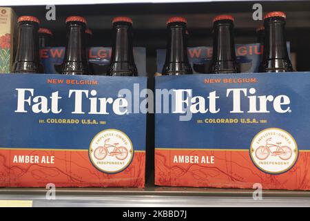 La bière Fat tire Amber Ale de New Belgium Brewing Company peut être vue dans un magasin à Mountain View, Californie, États-Unis jeudi, 21 novembre 2019. La brasserie New Belgium, basée au Colorado, sera acquise par Lion Little World Beverages, propriété du conglomérat japonais Kirin Holdings Company Limited. (Photo par Yichuan Cao/NurPhoto) Banque D'Images