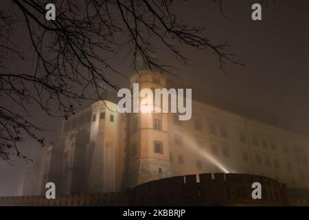 Vue sur le château de Wawel de Cracovie, lors d'une alerte au smog et d'un brouillard épais sur 27 novembre, avec l'indice de qualité de l'air (IQA) pour PM2,5 sur 150. Le mercredi, 27 novembre 2019, à Cracovie, petite Pologne Voivodeship, Pologne. (Photo par Artur Widak/NurPhoto) Banque D'Images