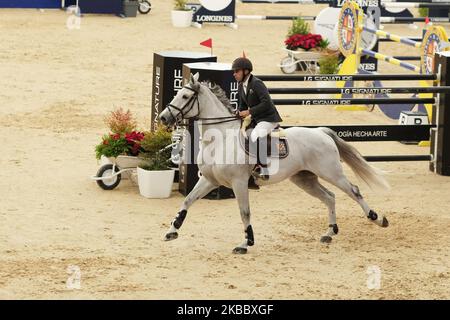 Une participante à son cheval pendant la semaine du cheval de Madrid CSI5 à Ifema Madrid 29 novembre 2019 Espagne. Un événement de 3 jours de concours, spectacles et expositions. (Photo par Oscar Gonzalez/NurPhoto) Banque D'Images