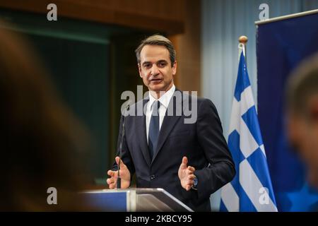 Le Premier ministre grec Kyriakos Mitsotakis prononce un discours lorsqu'il tient une conférence de presse à la fin du sommet du Conseil européen à Bruxelles, en Belgique, sur l'13 décembre 2019. Le PM grec après la déclaration a répondu aux questions des journalistes sur l'Initiative européenne pour un climat neutre en carbone de 2050 - Brexit et les relations avec la Turquie après les récents événements avec la Libye. (Photo de Nicolas Economou/NurPhoto) Banque D'Images