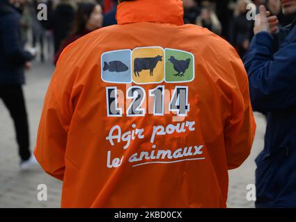Samedi 14 décembre 2019, les activistes de l'association pour le bien-être des animaux L214 ont mené une action sur le marché de Noël à Nantes (France) pour dénoncer les conditions de reproduction des canards destinés à la production de foie gras. (Photo par Estelle Ruiz/NurPhoto) Banque D'Images