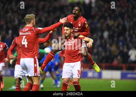 Les Reds fêtent après que Tobias Figueiredo (3) de la forêt de Nottingham a marqué un but pour en faire 1-0 lors du match de championnat de Sky Bet entre la forêt de Nottingham et Wigan Athletic au City Ground, Nottingham, le dimanche 29th décembre 2019. (Photo de Jon Hobley/MI News/NurPhoto) Banque D'Images