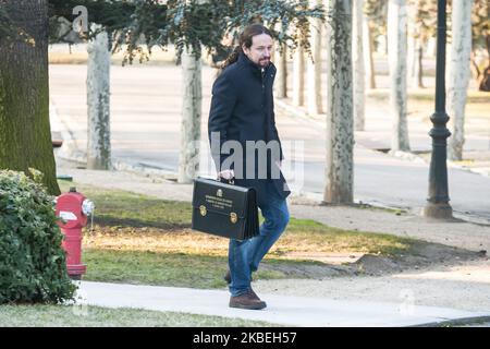 Pablo Iglesias, vice-Premier ministre espagnol pour les droits sociaux et le développement durable, assiste à la première réunion du nouveau gouvernement à Madrid (Espagne) sur 14 janvier 2020 (photo d'Oscar Gonzalez/NurPhoto) Banque D'Images