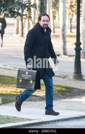 Pablo Iglesias, vice-Premier ministre espagnol pour les droits sociaux et le développement durable, assiste à la première réunion du nouveau gouvernement à Madrid (Espagne) sur 14 janvier 2020 (photo d'Oscar Gonzalez/NurPhoto) Banque D'Images