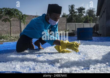 Des élèves Acehnais sèchent des éclats de plastique recyclés à la banque de déchets de l'école d'embarquement islamique à Lhokseumawe, province d'Aceh, en Indonésie, sur 16 janvier 2020. Les pensionnats islamiques achètent différents types de déchets qui peuvent être recyclés dans des étals, ainsi que des éliminateurs dans des décharges. Jusqu'à 30 pour cent des déchets proviennent des pensionnats islamiques qui sont ensuite collectés par les élèves pour être recyclés. En espérant qu'avec une banque d'ordures dans les pensionnats islamiques d'Aceh, l'Indonésie sera exempte de pollution par les ordures. (Photo de Zick Maulana/NurPhoto) Banque D'Images