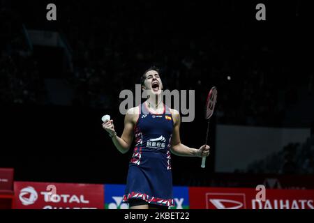 Carolina Marin d'Espagne participe au match demi-finale des femmes célibataires contre He Bingjiao de Chine le quatrième jour du Maître indonésien Daihatsu à Istora Gelora Bung Karno sur 18 janvier 2020, à Jakarta, Indonésie. (Photo par Andrew Gal/NurPhoto) Banque D'Images