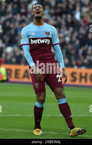 Sébastien Haller, de West Ham United, s'est fait des cris d'énergisante lors du match de la Premier League entre West Ham United et Everton au London Stadium, Stratford, le samedi 18th janvier 2020. (Photo de Jacques Feeney/MI News/NurPhoto) Banque D'Images